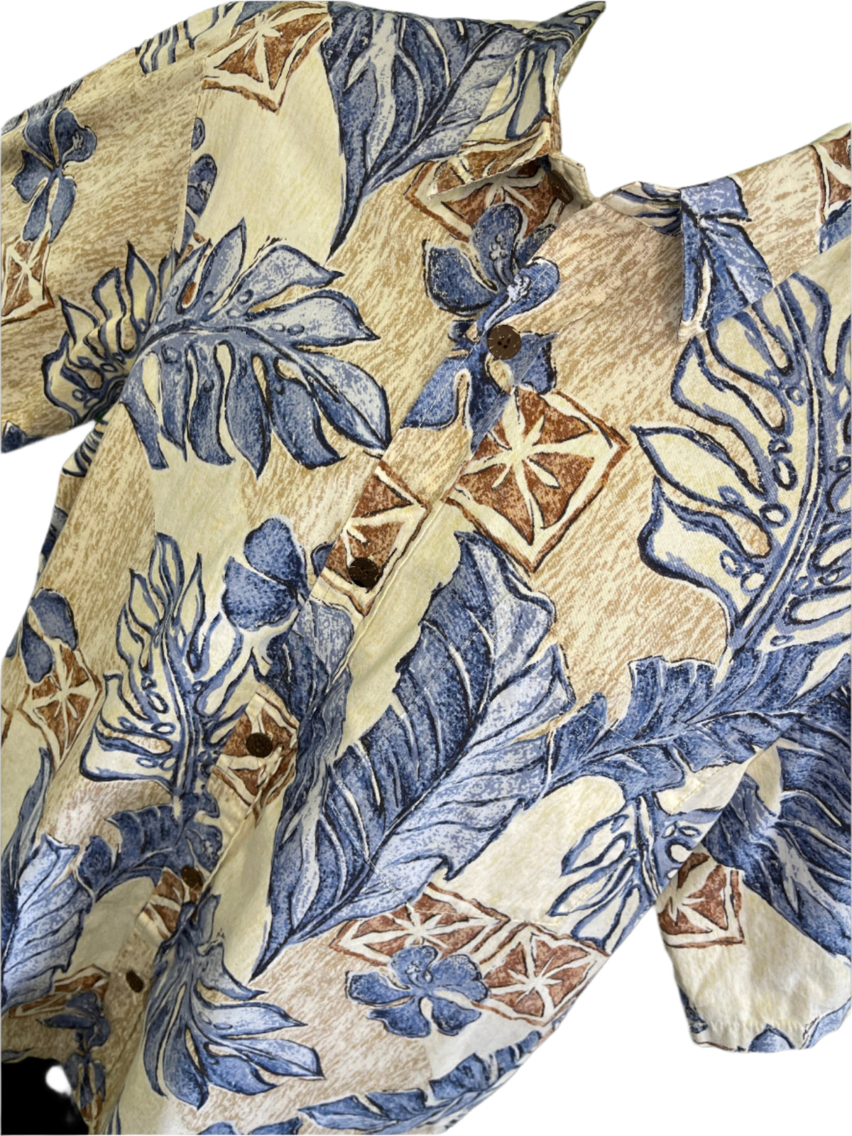 Hawaiian Aloha Shirt Made in Hawaii Dark Blue Tan Palm Leaves Men's Large