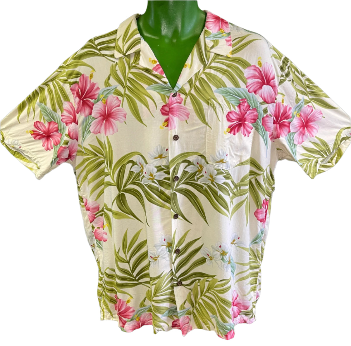 Hawaiian Aloha Shirt Made in Hawaii Cream Hibiscus Floral Men's X-Large