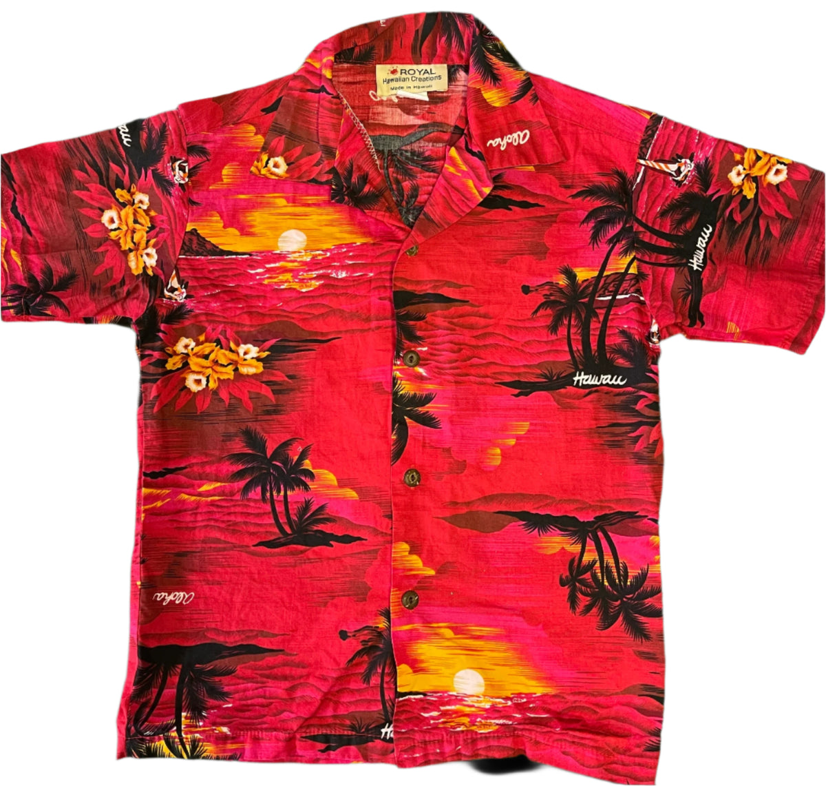 Hawaiian Aloha Shirt Made in Hawaii Red w/Palm Trees Youth Medium 10