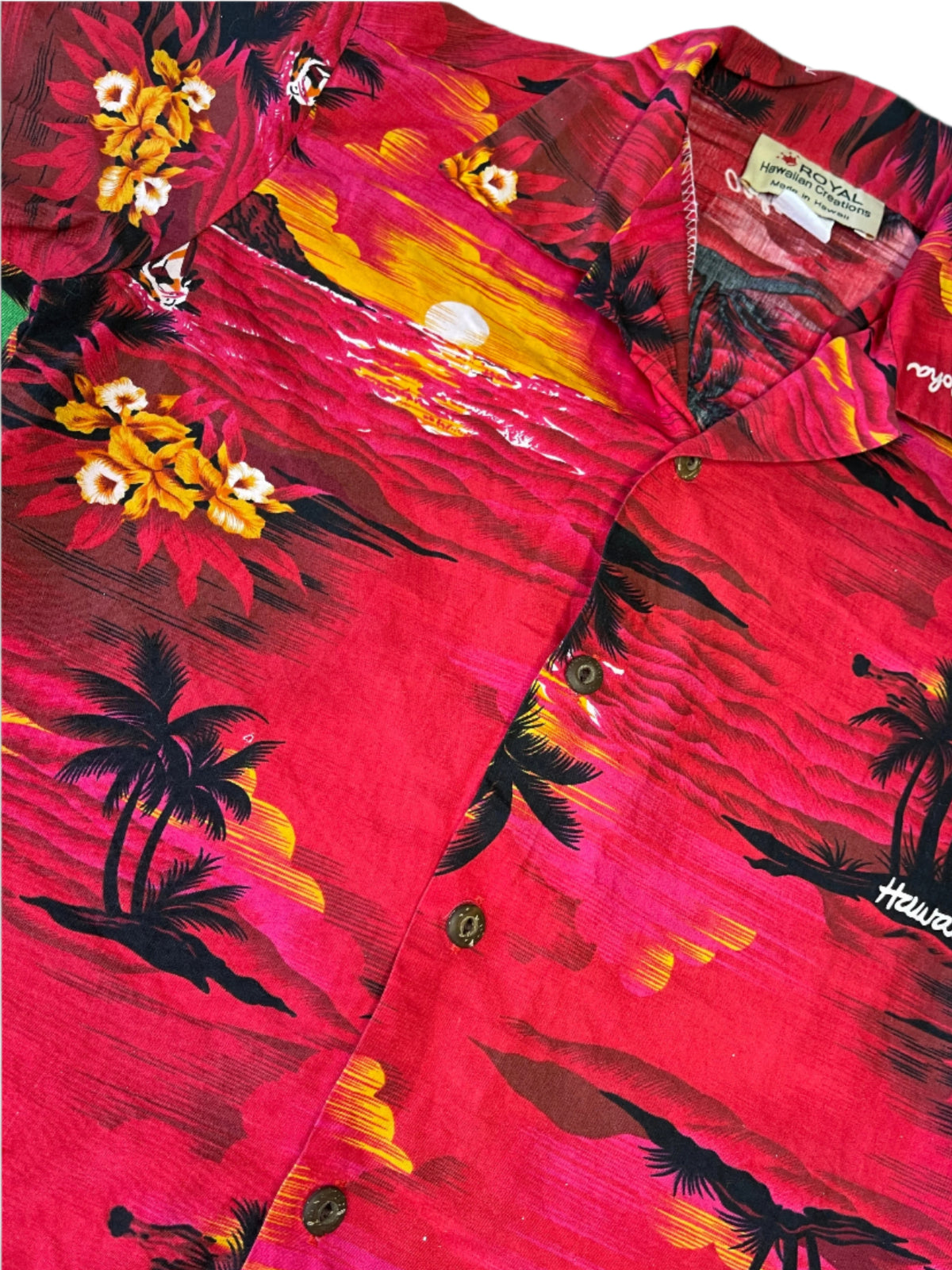 Hawaiian Aloha Shirt Made in Hawaii Red w/Palm Trees Youth Medium 10