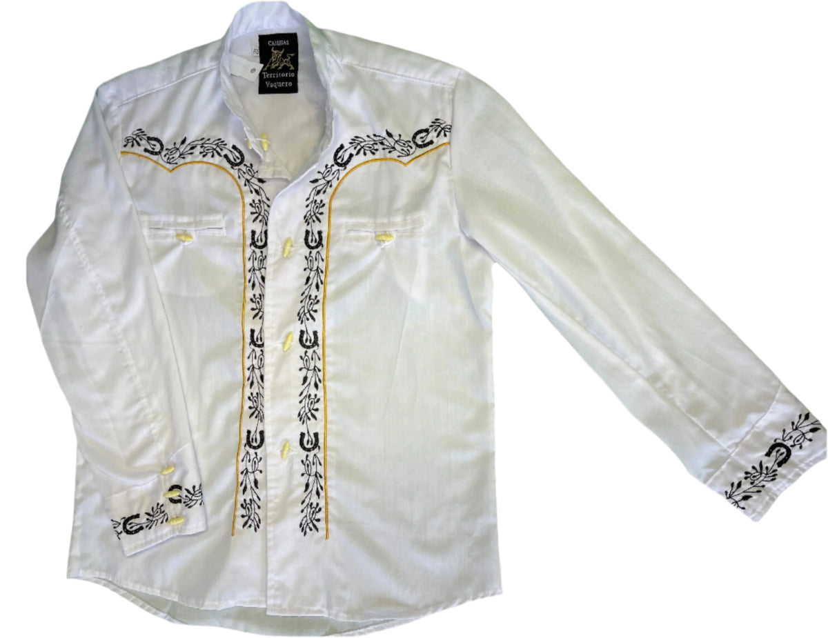 Western Mexican Cowboy Horseshoe L/S White Dress Shirt Youth Medium 12