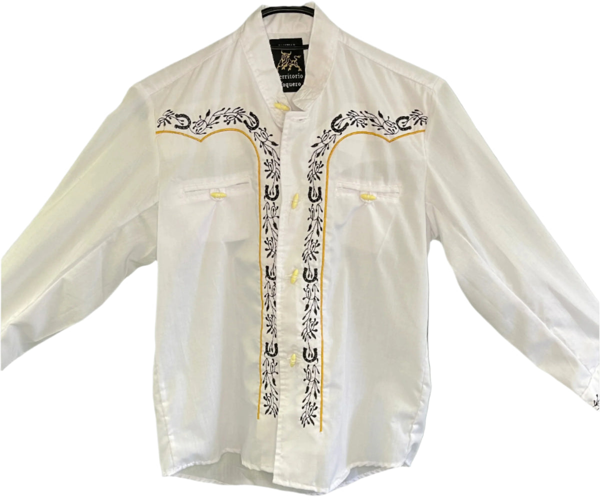 Western Mexican Cowboy Horseshoe L/S White Dress Shirt Youth Medium 12