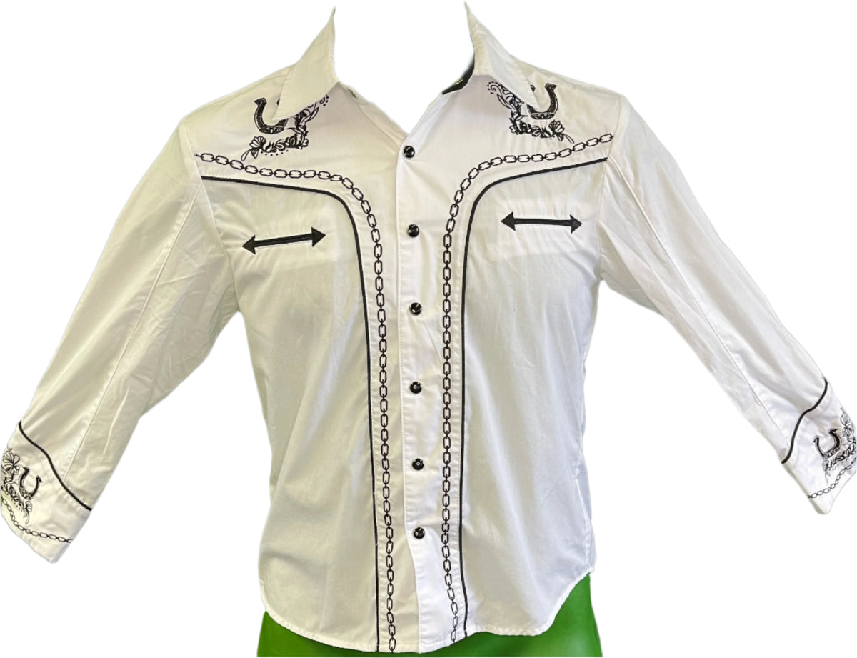 Western Mexican Cowboy Horseshoe L/S White Dress Shirt Youth Medium 12