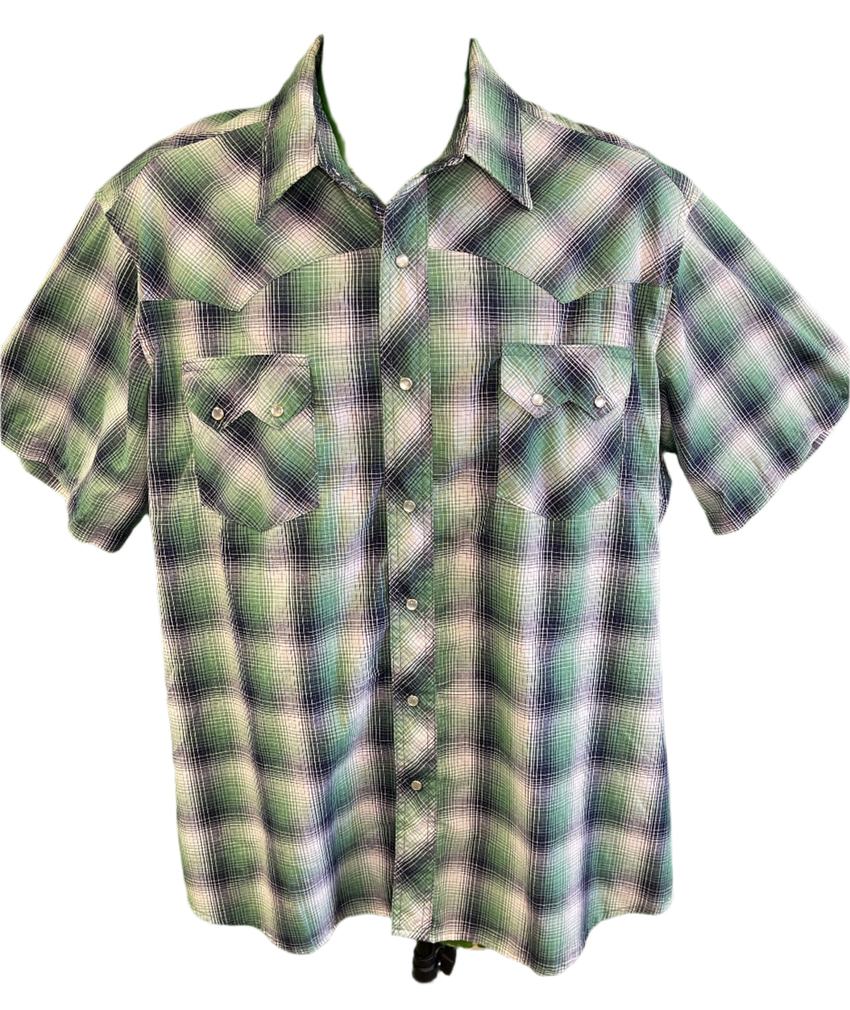 Wrangler Cowboy Western Plaid S/S Shirt with Poppers Green Men's X-Large