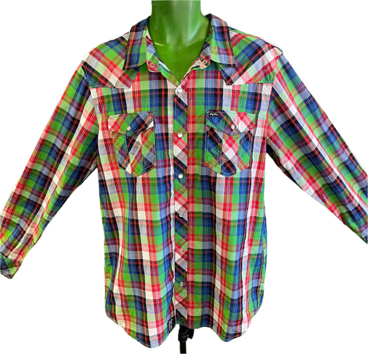 Red Blue and Green Plaid Western Shirt L/S 100% Cotton Men's X-Large