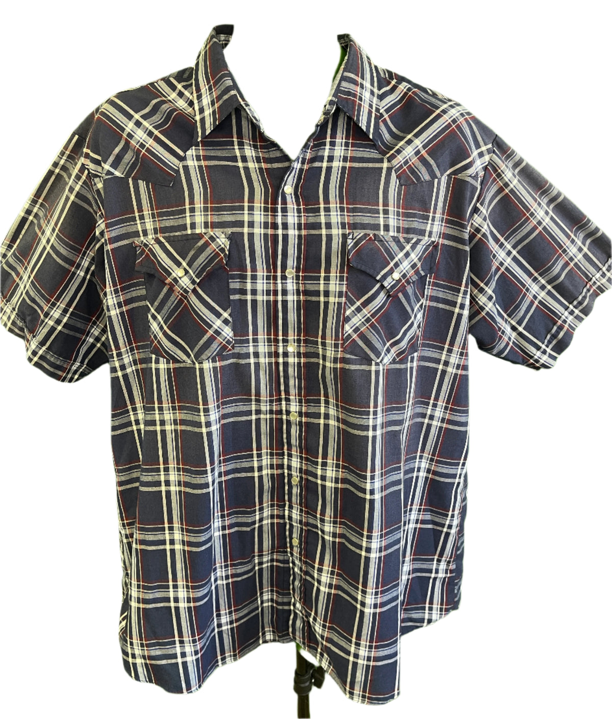 Ely Cattleman Western S/S Navy Plaid Shirt Poppers Men's X-Large