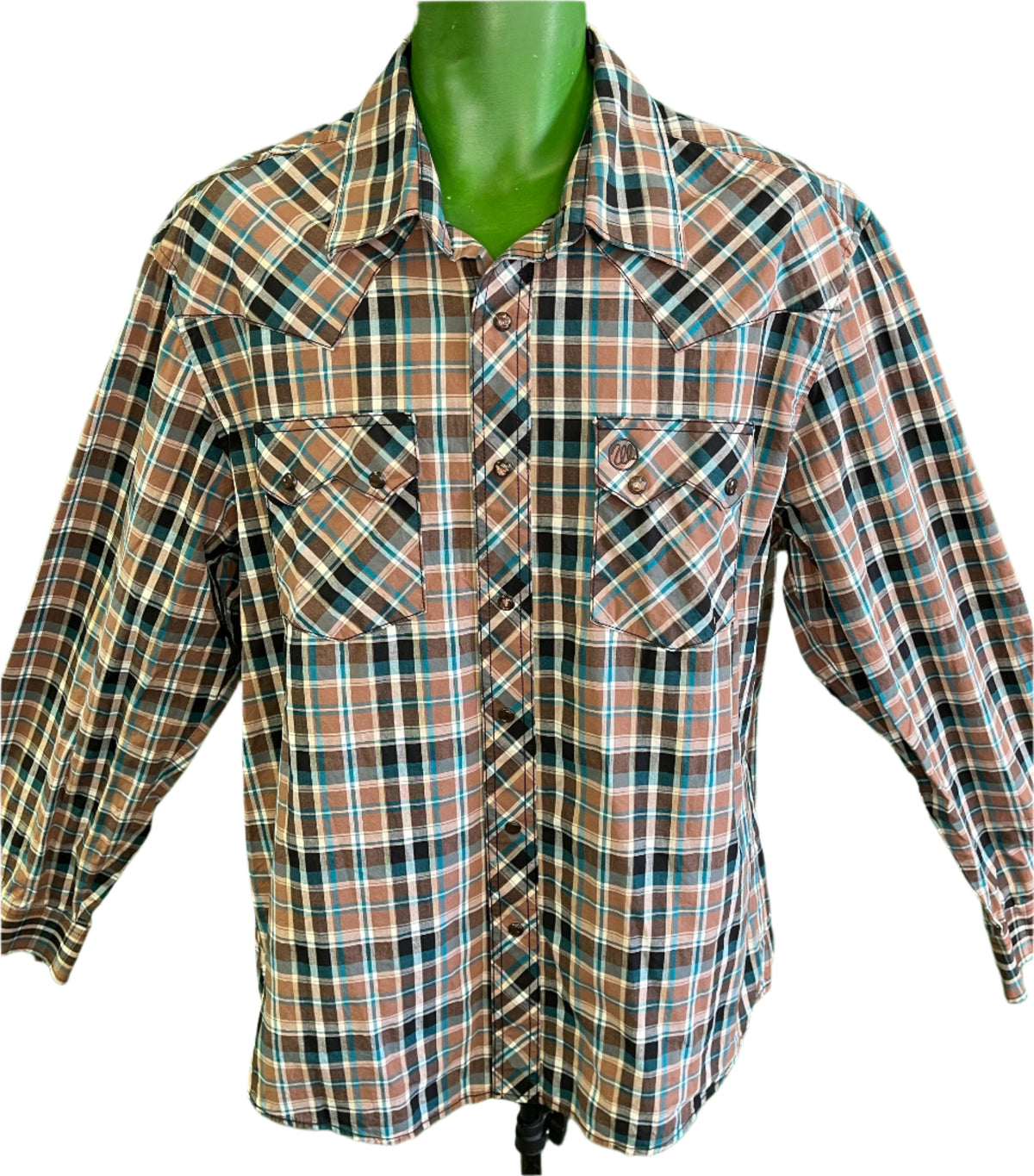 Wrangler Retro Western Shirt Teal Brown Plaid 100% Cotton Men's X-Large