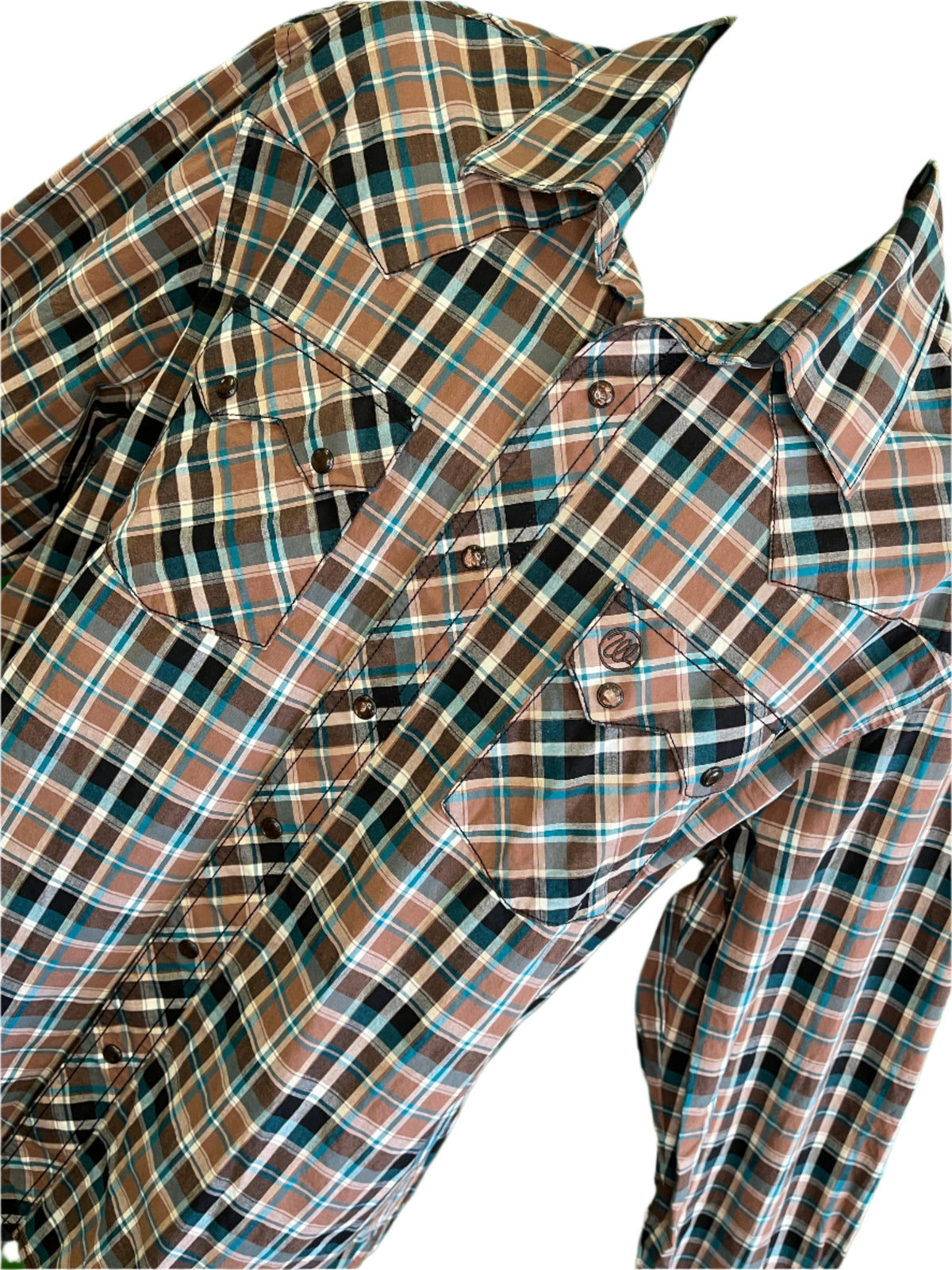 Wrangler Retro Western Shirt Teal Brown Plaid 100% Cotton Men's X-Large