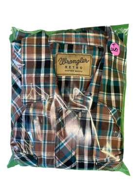 Wrangler Retro Western Shirt Teal Brown Plaid 100% Cotton Men's X-Large