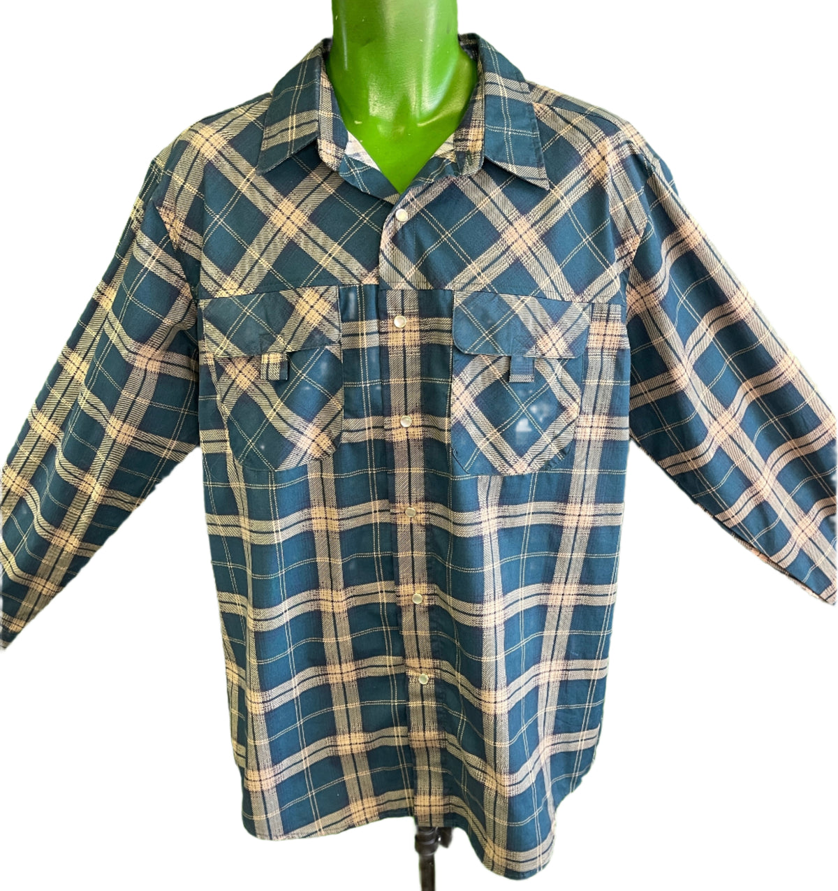 Teal Plaid Khaki L/S Travelling Shirt Wrinkle Free Hiking Men's Large