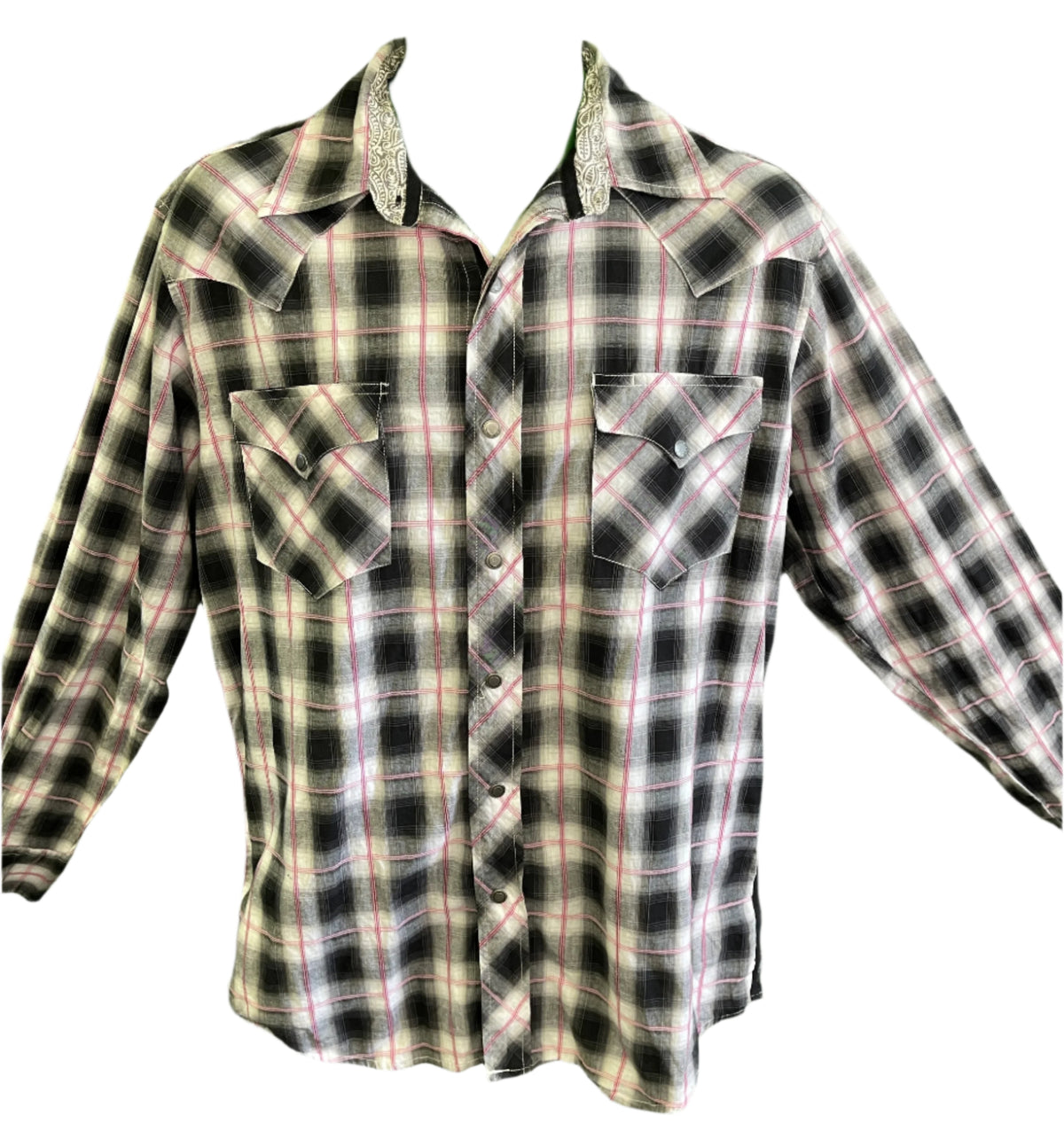 Roper Western L/S Shirt Black White Red Plaid 100% Cotton Men's Medium