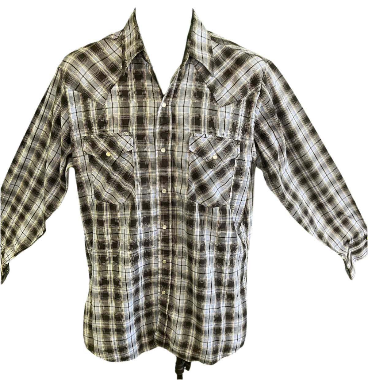 Ely Cattleman Western L/S Blue Black Plaid Shirt Poppers Men's Medium