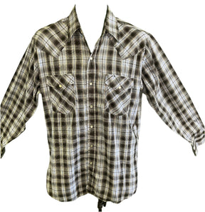 Ely Cattleman Western L/S Blue Black Plaid Shirt Poppers Men's Medium