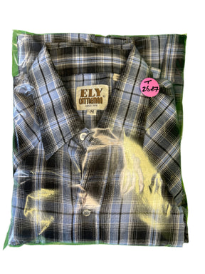 Ely Cattleman Western L/S Blue Black Plaid Shirt Poppers Men's Medium