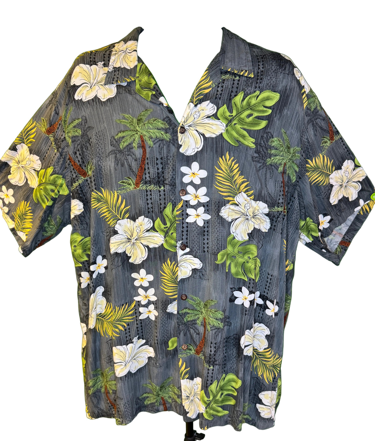 Hawaiian Aloha Shirt Made in Hawaii Grey w/Cream Floral Palm Trees Men's X-Large