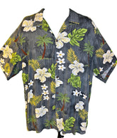 Hawaiian Aloha Shirt Made in Hawaii Grey w/Cream Floral Palm Trees Men's X-Large