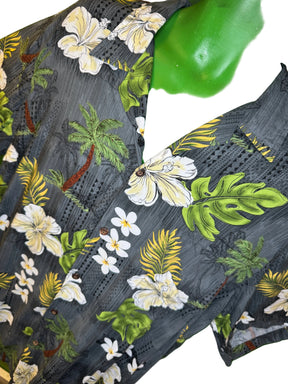 Hawaiian Aloha Shirt Made in Hawaii Grey w/Cream Floral Palm Trees Men's X-Large