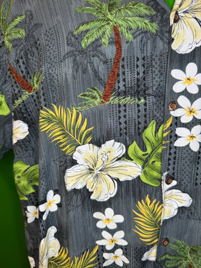 Hawaiian Aloha Shirt Made in Hawaii Grey w/Cream Floral Palm Trees Men's X-Large