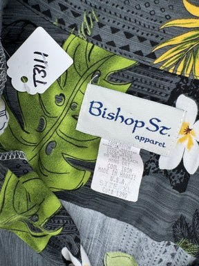 Hawaiian Aloha Shirt Made in Hawaii Grey w/Cream Floral Palm Trees Men's X-Large