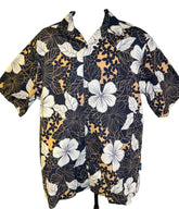 Hawaiian Black and Beige Floral Aloha Shirt Made in Hawaii Men's Large