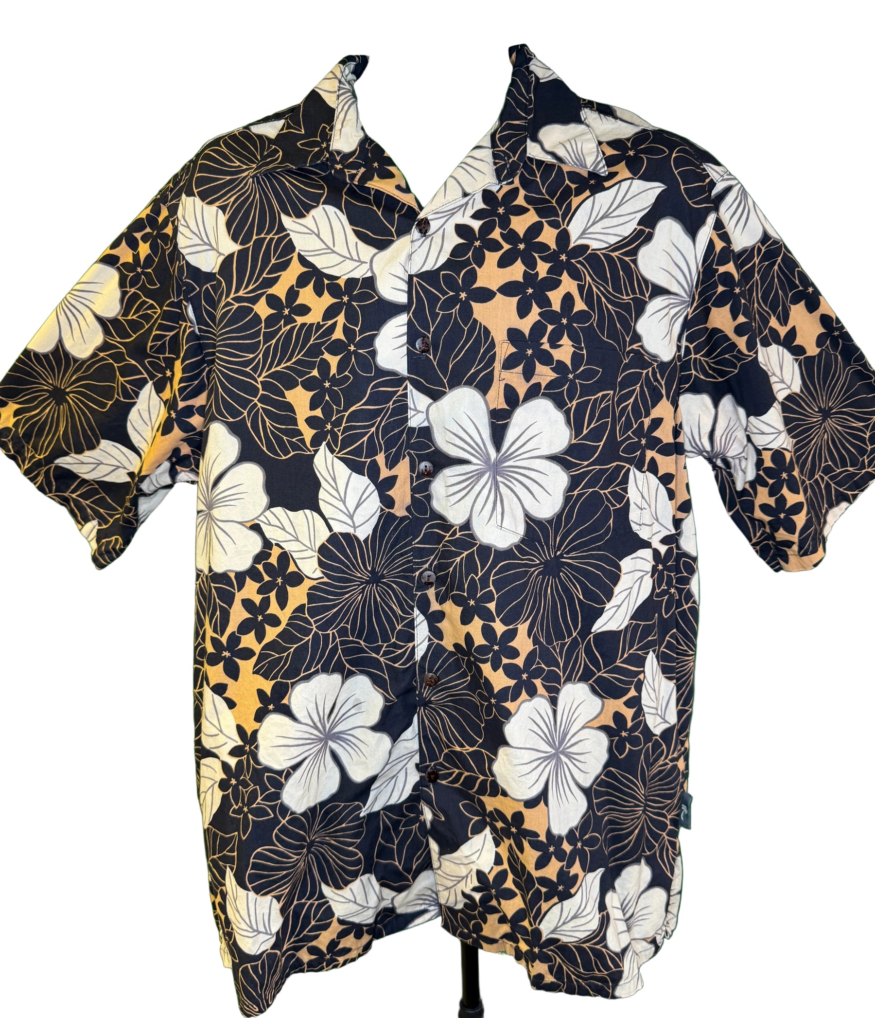 Hawaiian Black and Beige Floral Aloha Shirt Made in Hawaii Men's Large