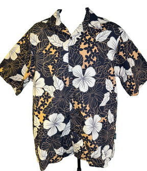 Hawaiian Black and Beige Floral Aloha Shirt Made in Hawaii Men's Large