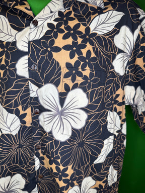 Hawaiian Black and Beige Floral Aloha Shirt Made in Hawaii Men's Large