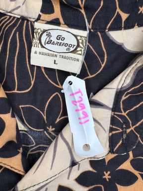 Hawaiian Black and Beige Floral Aloha Shirt Made in Hawaii Men's Large
