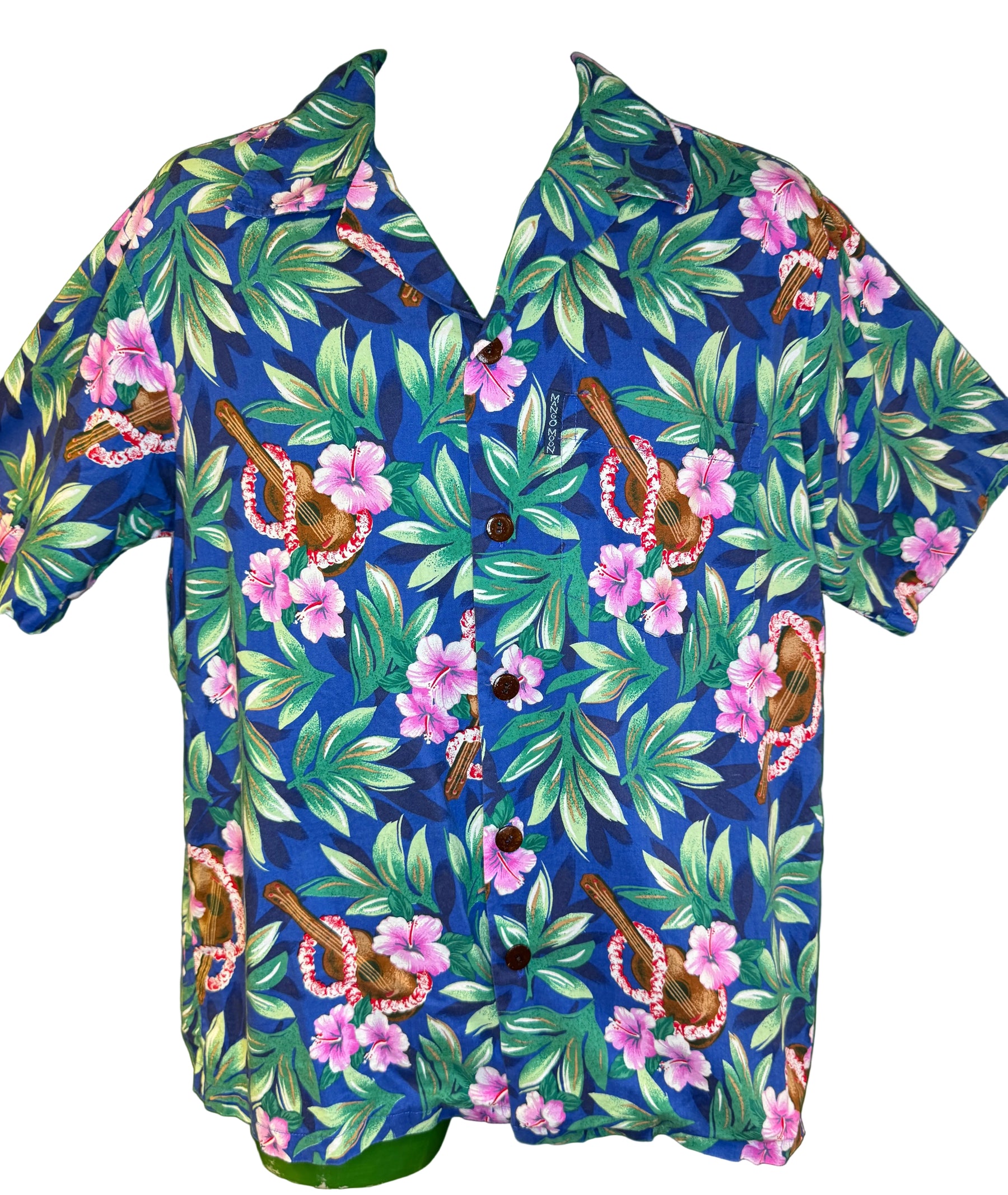Hawaiian Blue, Green and Pink Aloha Shirt Made in Hawaii Men's Large