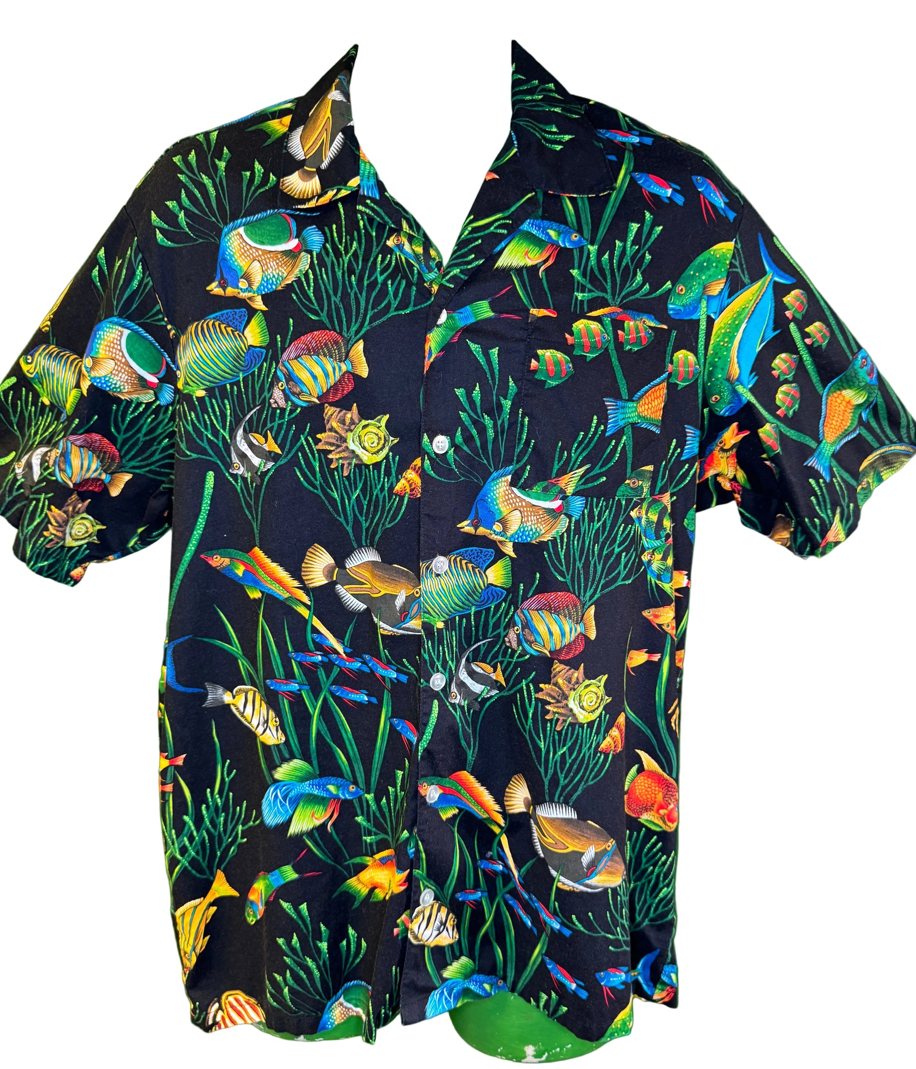 Hawaiian Black with Tropical Fish Aloha Shirt Made in USA Men's Large
