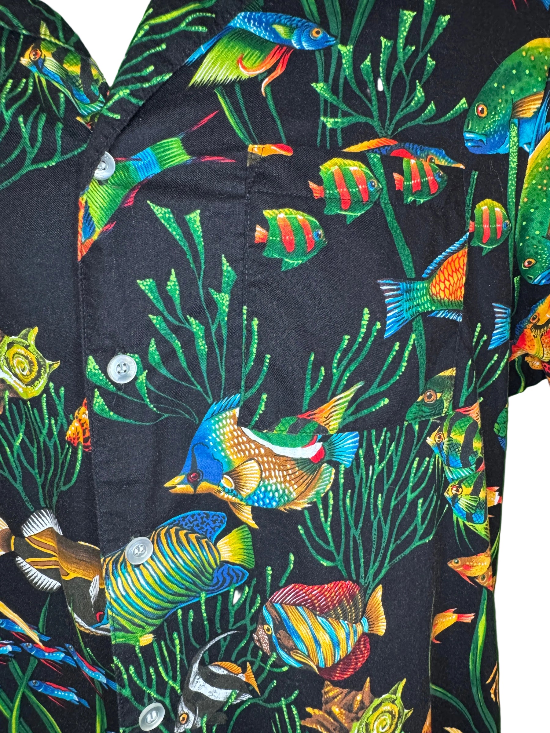 Hawaiian Black with Tropical Fish Aloha Shirt Made in USA Men's Large