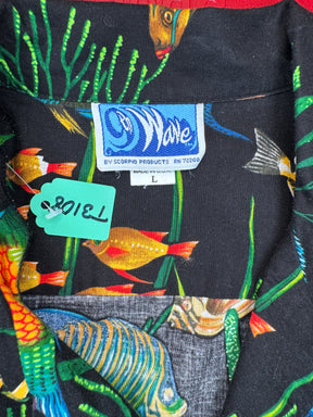 Hawaiian Black with Tropical Fish Aloha Shirt Made in USA Men's Large