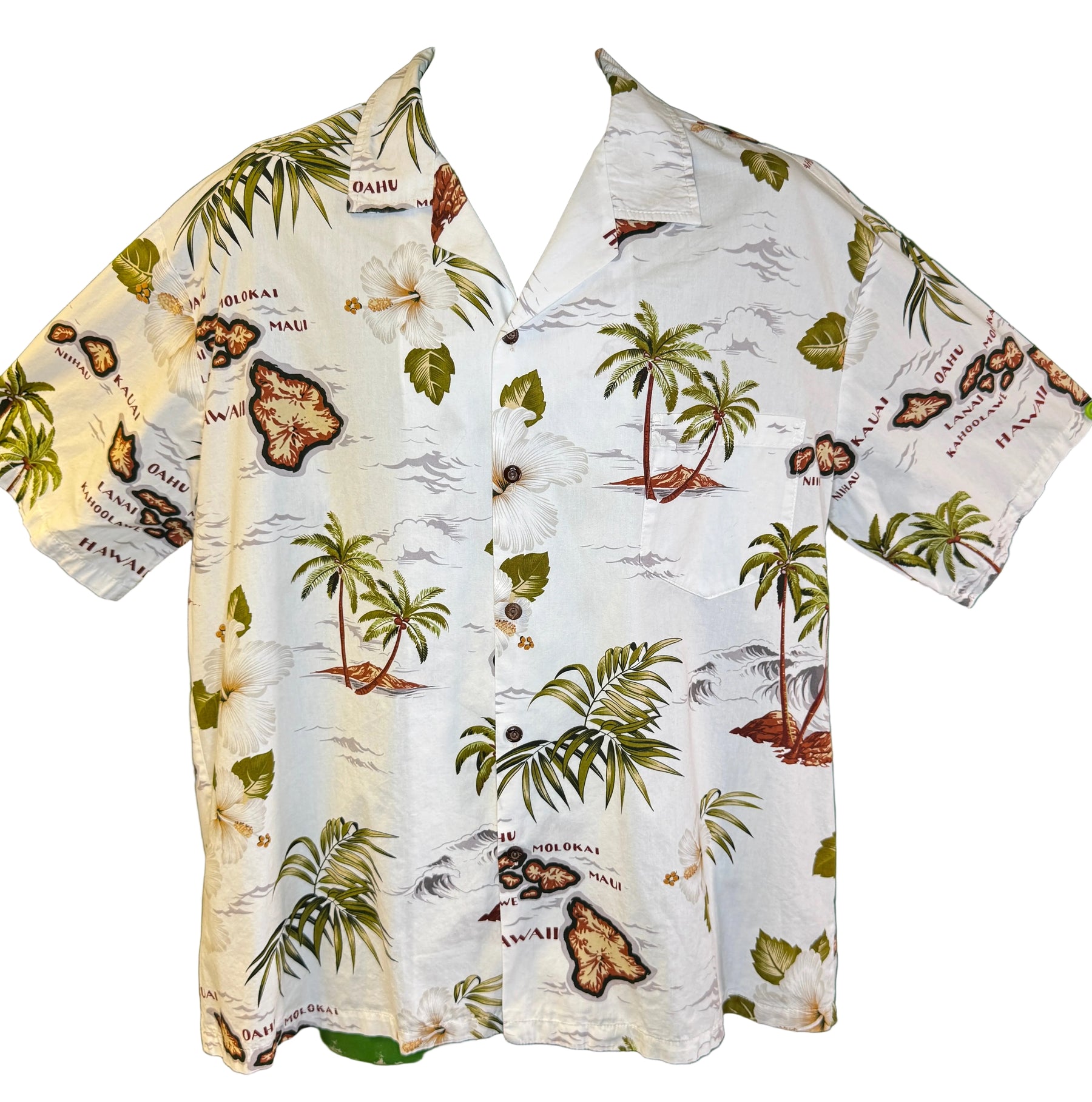 Hawaiian Cream Green  Brown Palm Trees Aloha Shirt Made in Hawaii  Men's X-Large