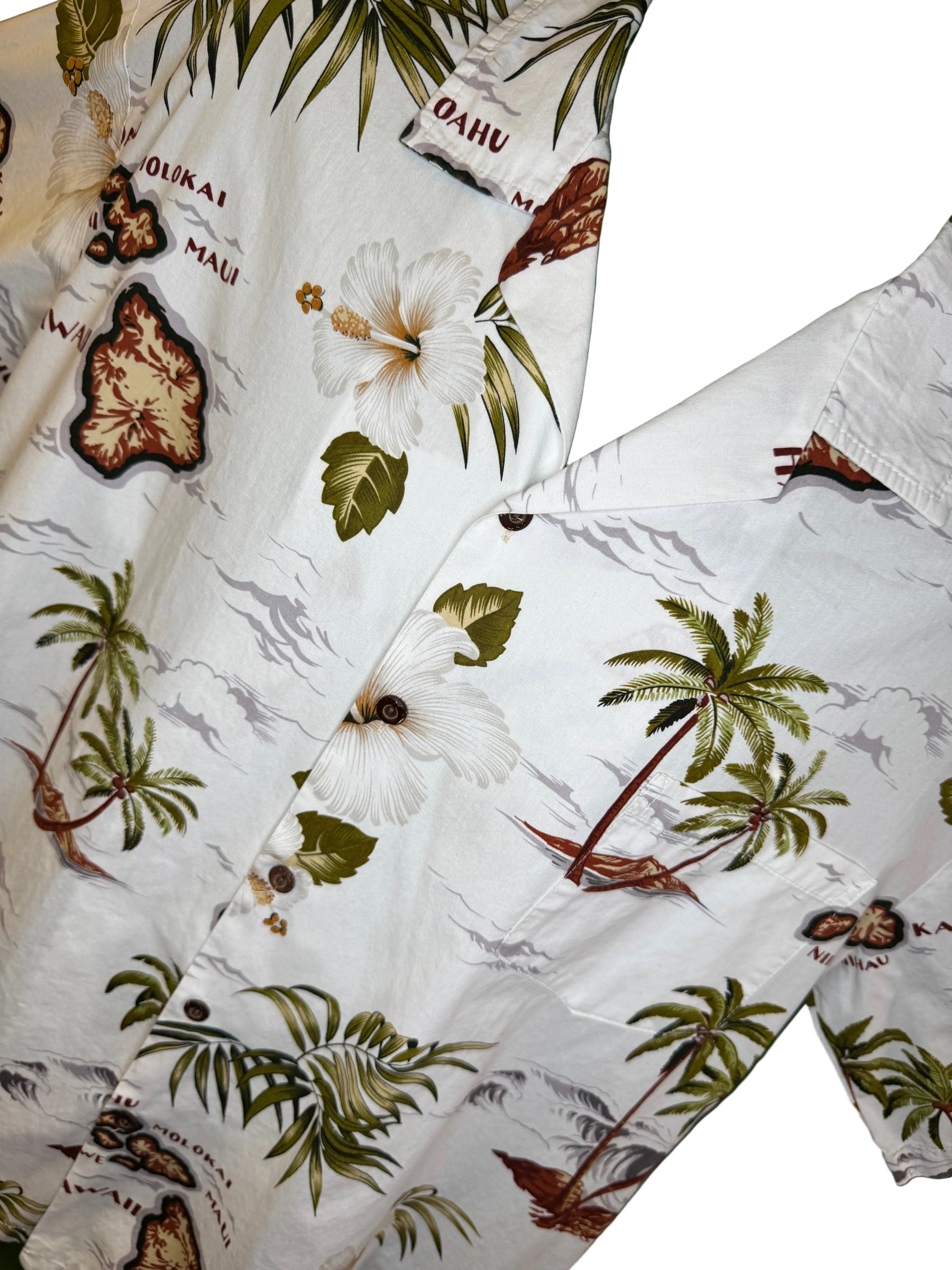 Hawaiian Cream Green  Brown Palm Trees Aloha Shirt Made in Hawaii  Men's X-Large