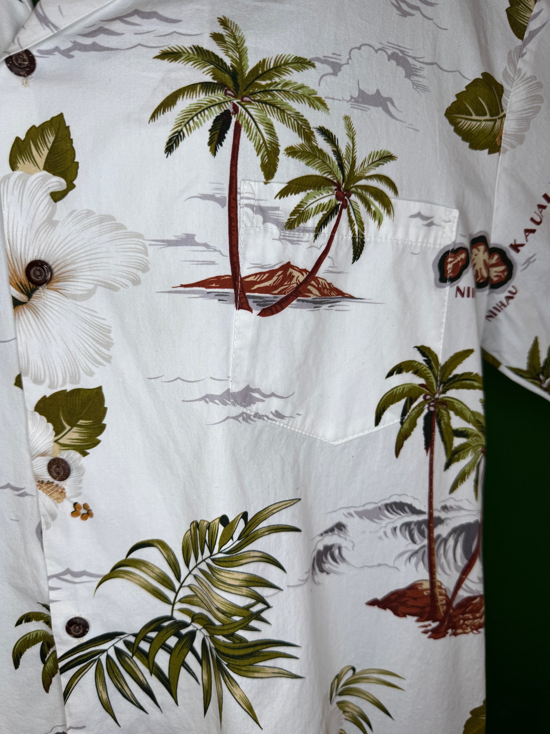 Hawaiian Cream Green  Brown Palm Trees Aloha Shirt Made in Hawaii  Men's X-Large
