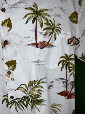 Hawaiian Cream Green  Brown Palm Trees Aloha Shirt Made in Hawaii  Men's X-Large