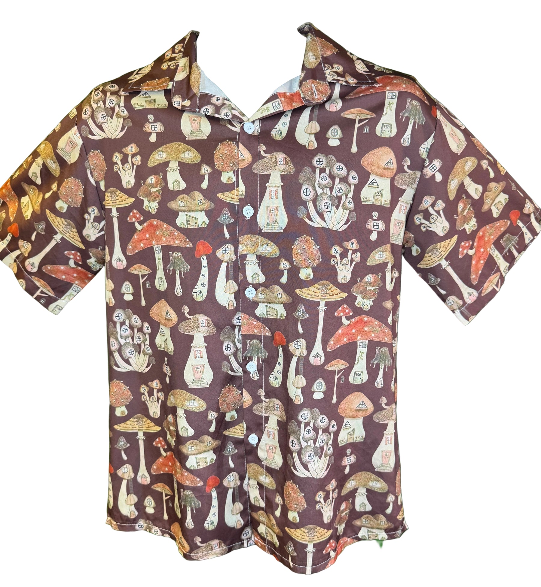 Quirky Silky Mushroom Houses Brown Shirt Unisex Men's Medium