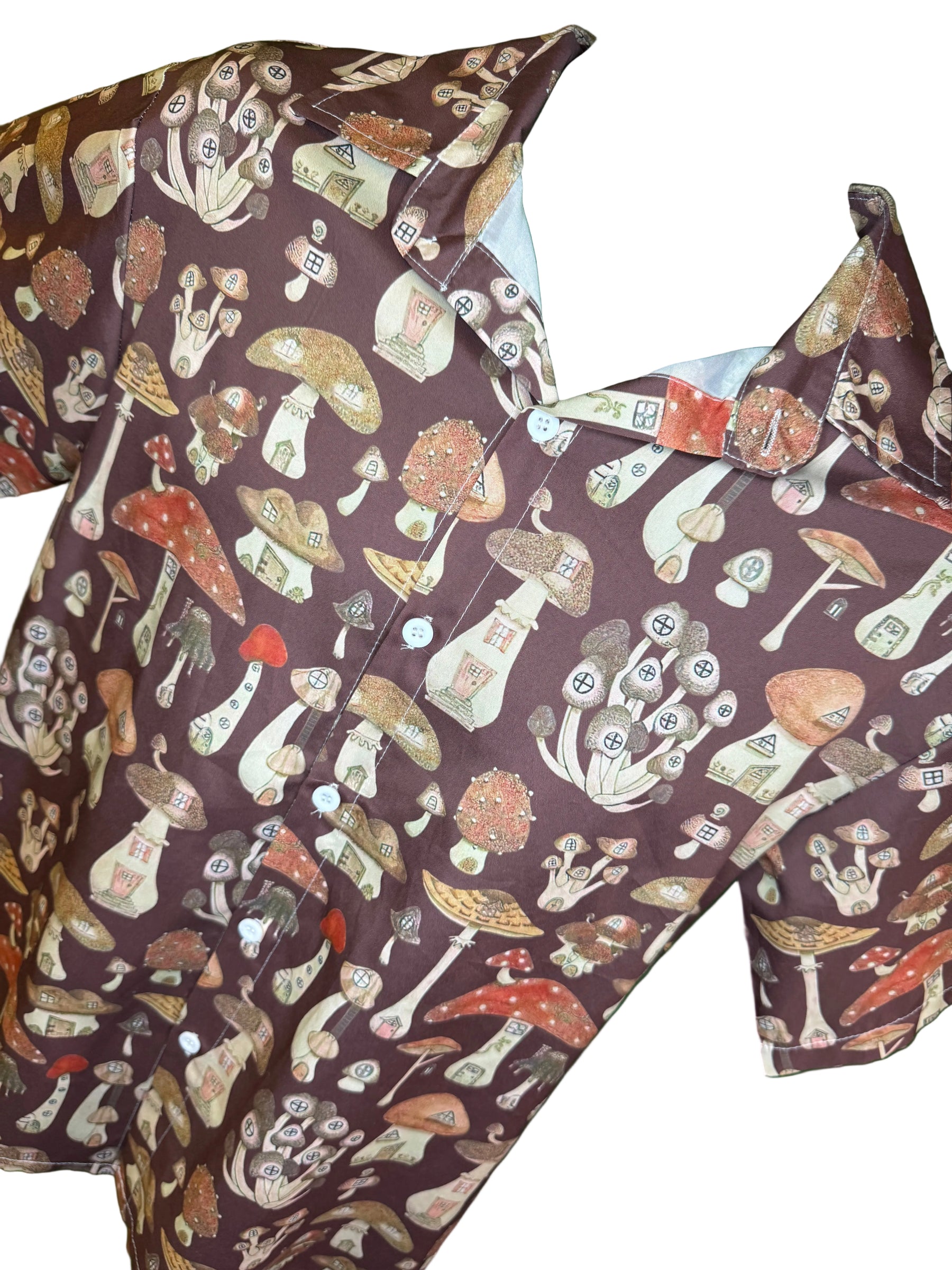 Quirky Silky Mushroom Houses Brown Shirt Unisex Men's Medium