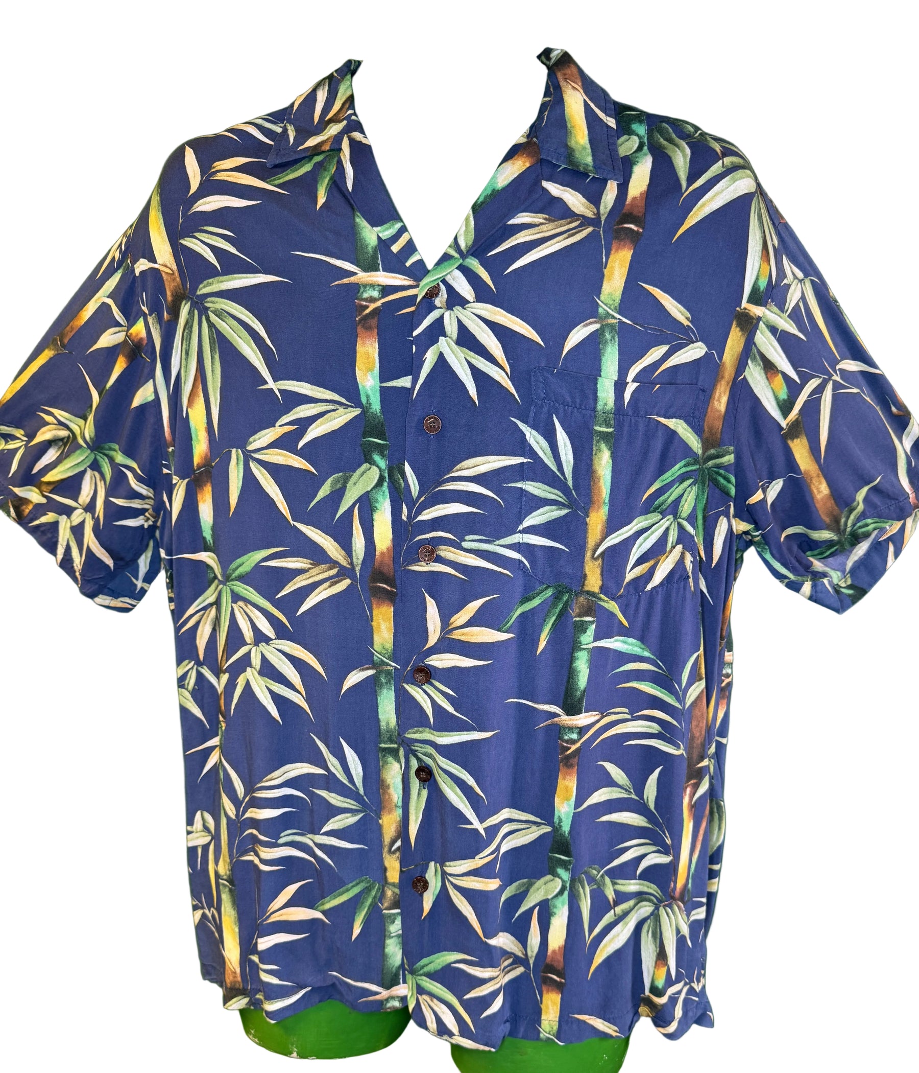 Hawaiian Aloha Shirt Made in Hawaii Blue Bamboo Print Men's Medium