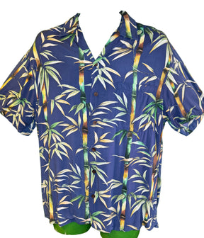 Hawaiian Aloha Shirt Made in Hawaii Blue Bamboo Print Men's Medium