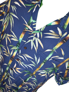 Hawaiian Aloha Shirt Made in Hawaii Blue Bamboo Print Men's Medium