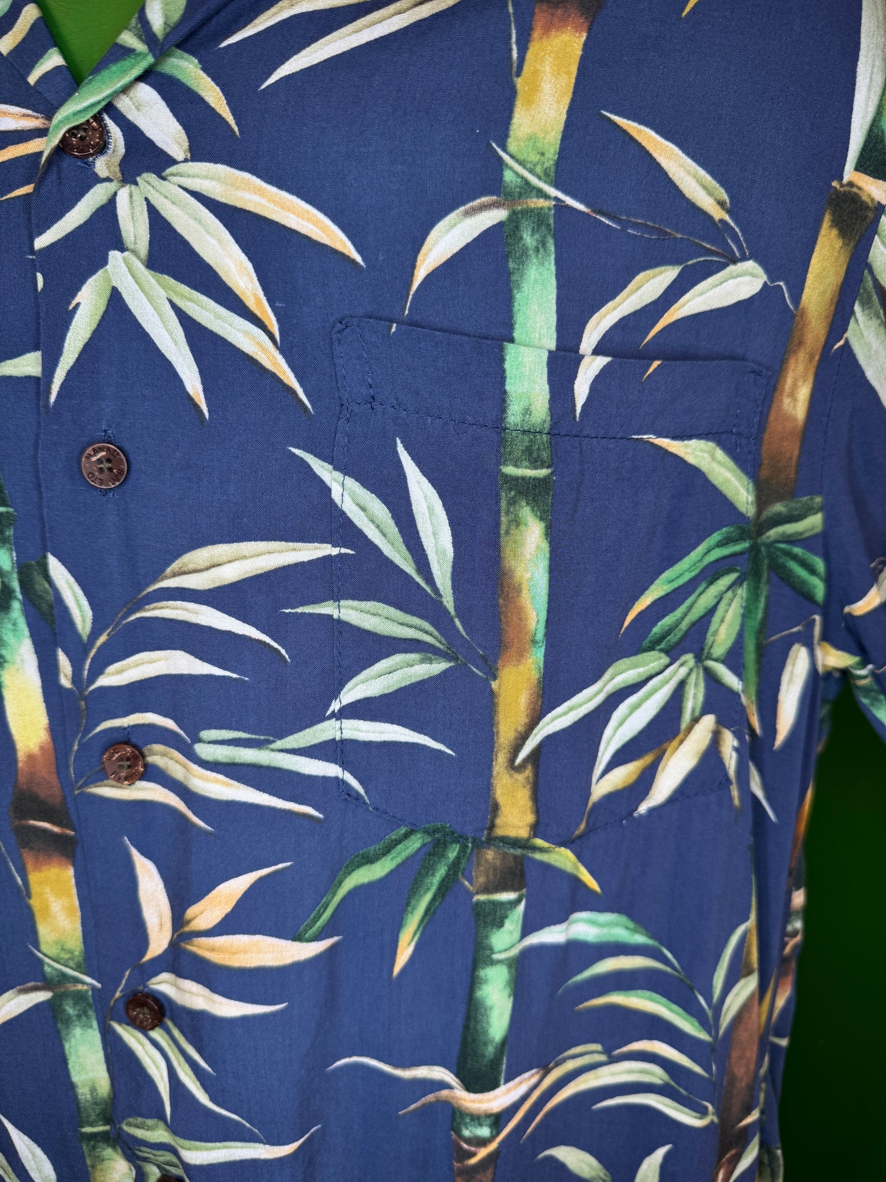 Hawaiian Aloha Shirt Made in Hawaii Blue Bamboo Print Men's Medium