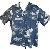 Hawaiian Aloha Shirt Made in Hawaii Blue w/Palm Trees Island Scenes Men's 2X-Large