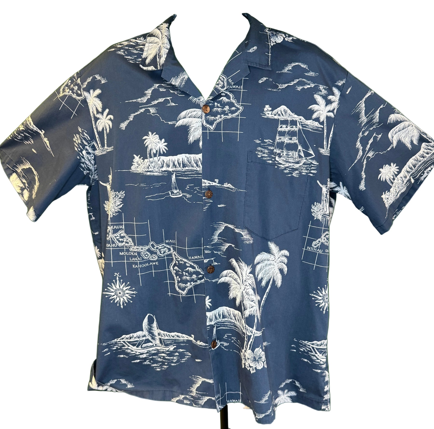 Hawaiian Aloha Shirt Made in Hawaii Blue w/Palm Trees Island Scenes Men's 2X-Large