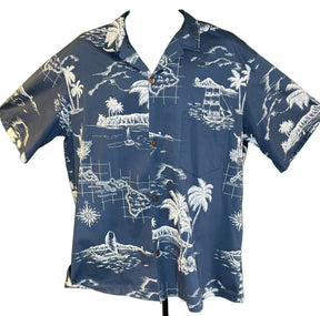 Hawaiian Aloha Shirt Made in Hawaii Blue w/Palm Trees Island Scenes Men's 2X-Large