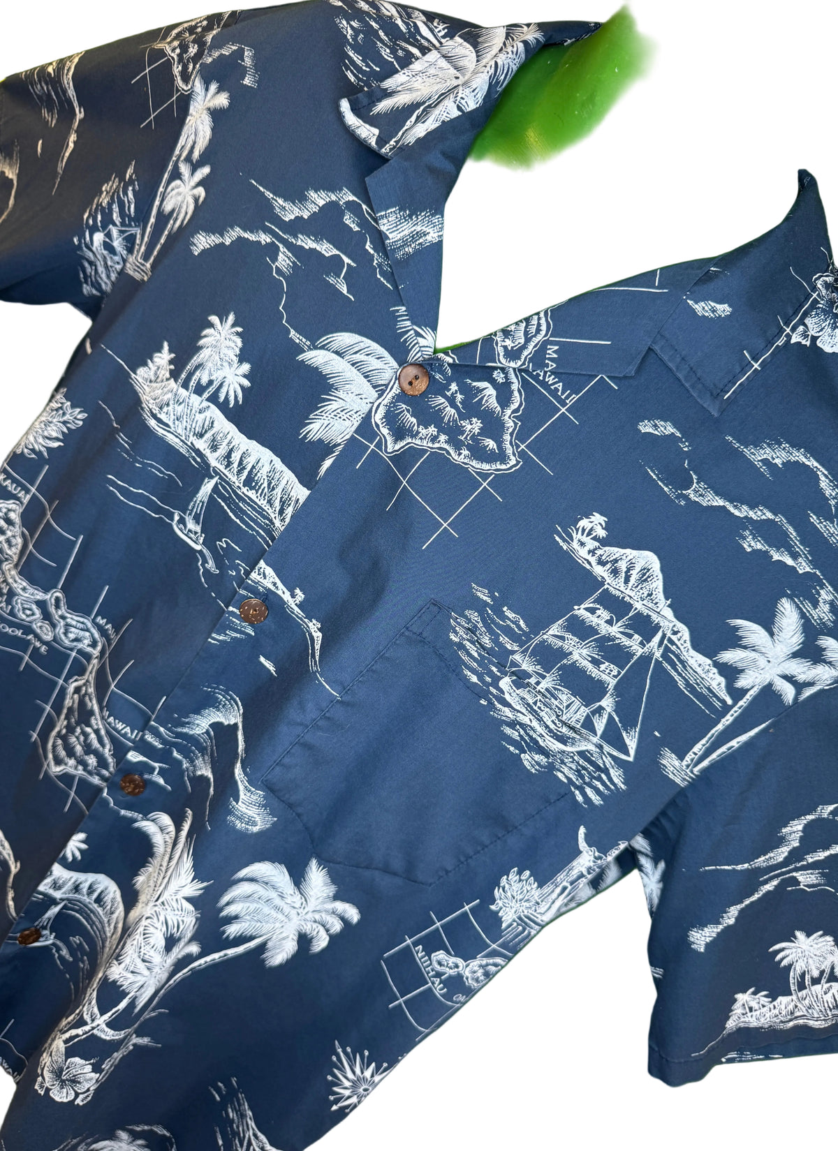 Hawaiian Aloha Shirt Made in Hawaii Blue w/Palm Trees Island Scenes Men's 2X-Large