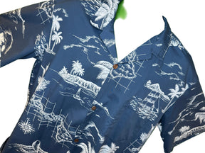 Hawaiian Aloha Shirt Made in Hawaii Blue w/Palm Trees Island Scenes Men's 2X-Large