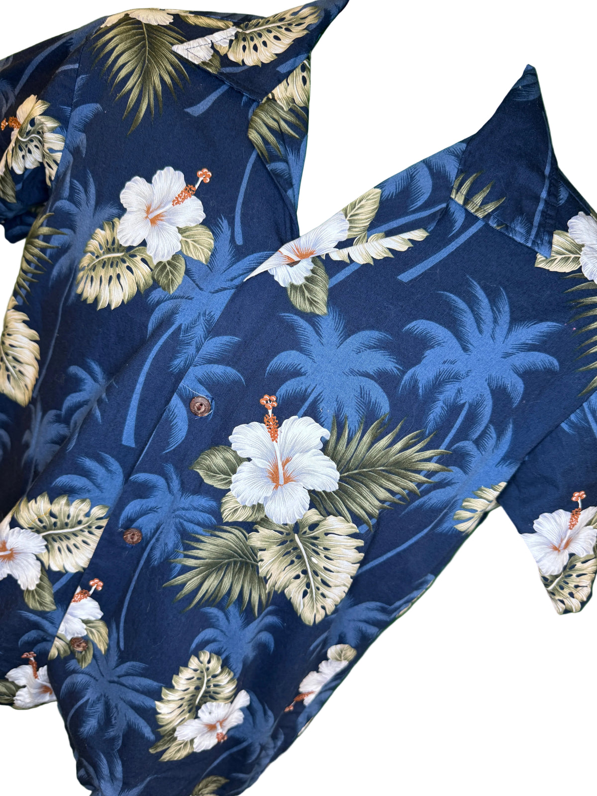 Hawaiian Blue and Cream Hibiscus Aloha Shirt Made in Hawaii Youth X-Large