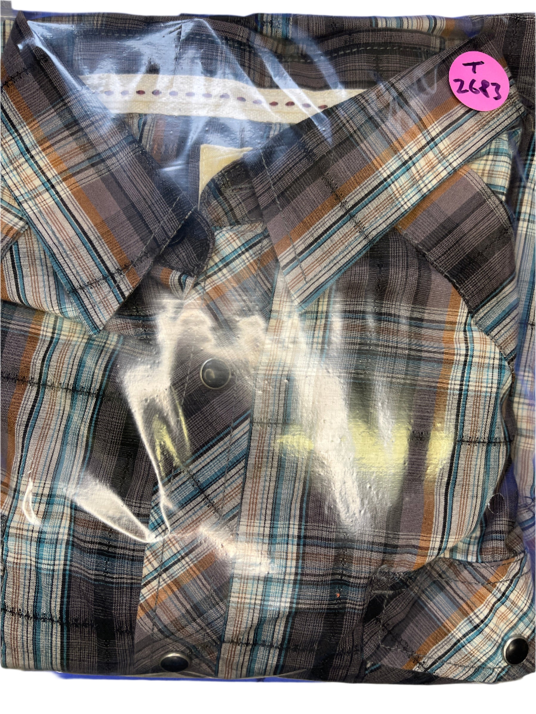Teal and Brown Plaid Western S/S Shirt Men's X-Large