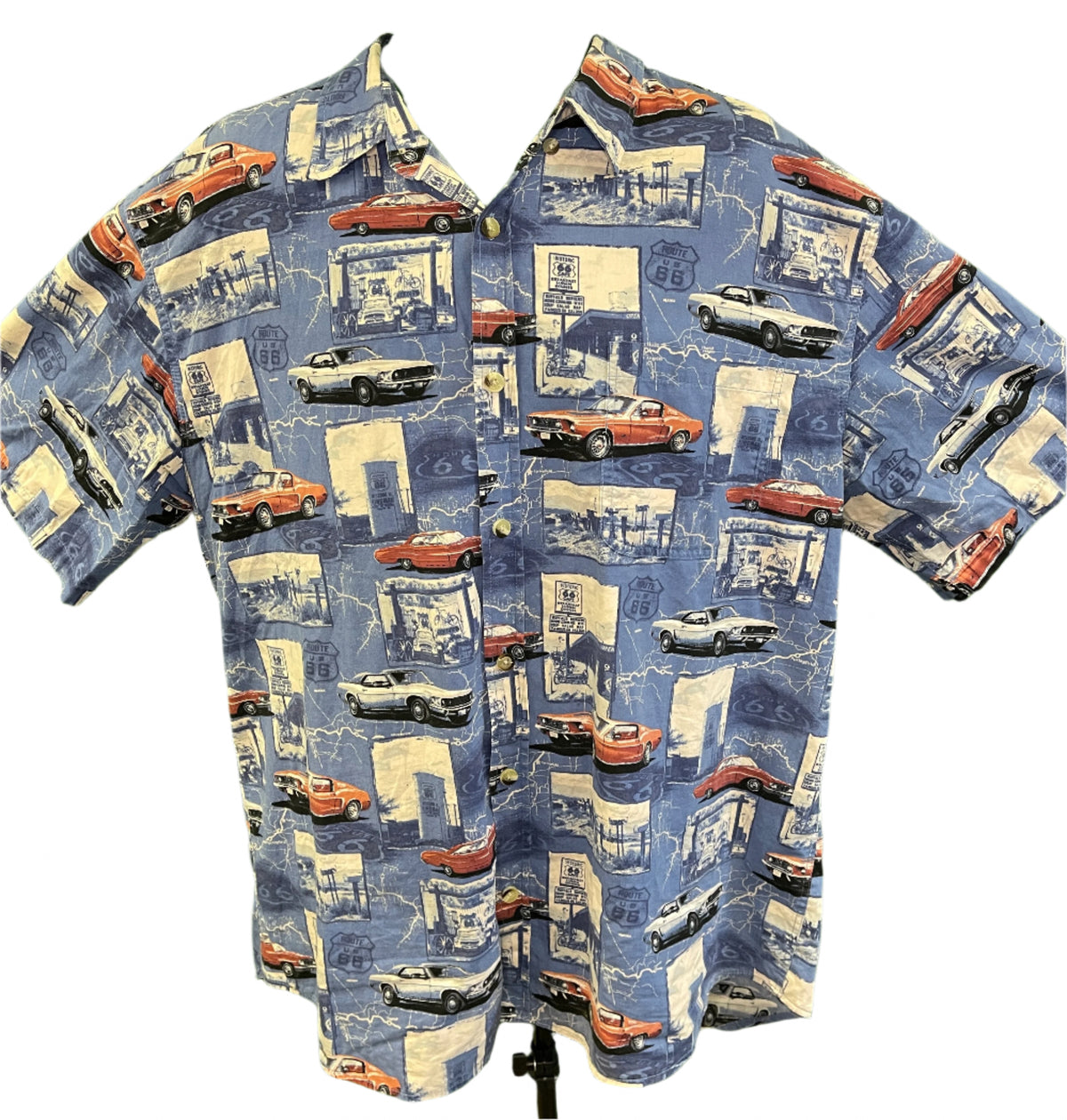 Route 66 American Muscle Cars Mustang Blue Button Up Shirt S/S Men's 2X-Large
